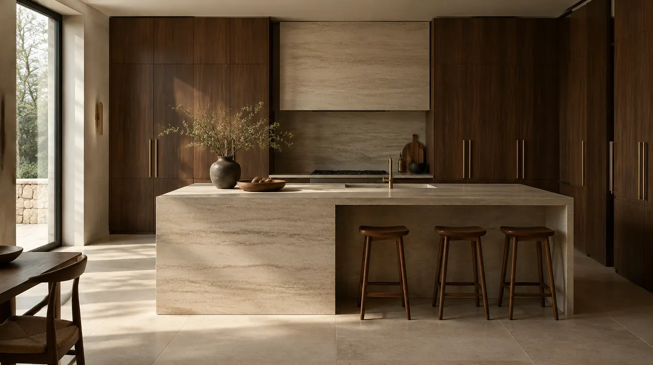 Bespoke kitchen with walnut cabinetry and a travertine island in soft daylight
