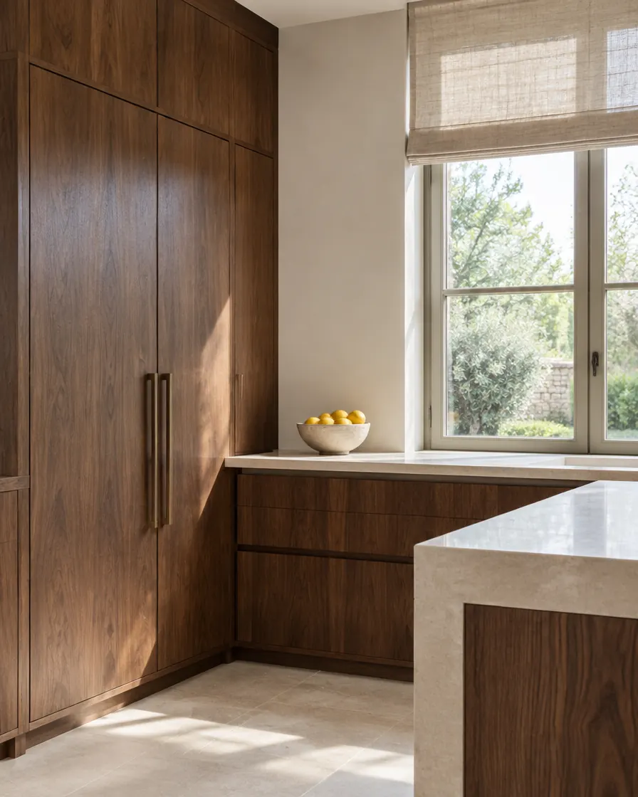 Walnut larder units with a limestone worktop beside a tall window