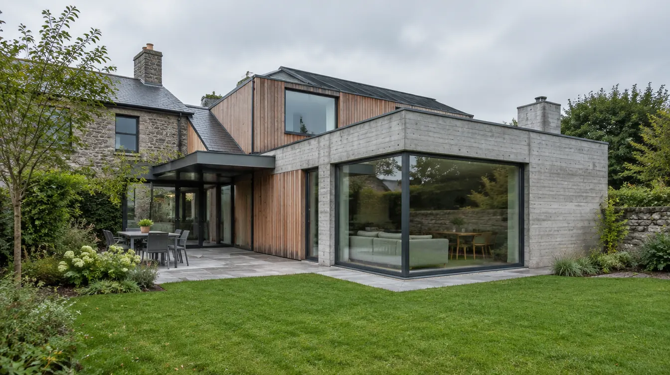 Renovated house with a board-marked concrete and timber extension
