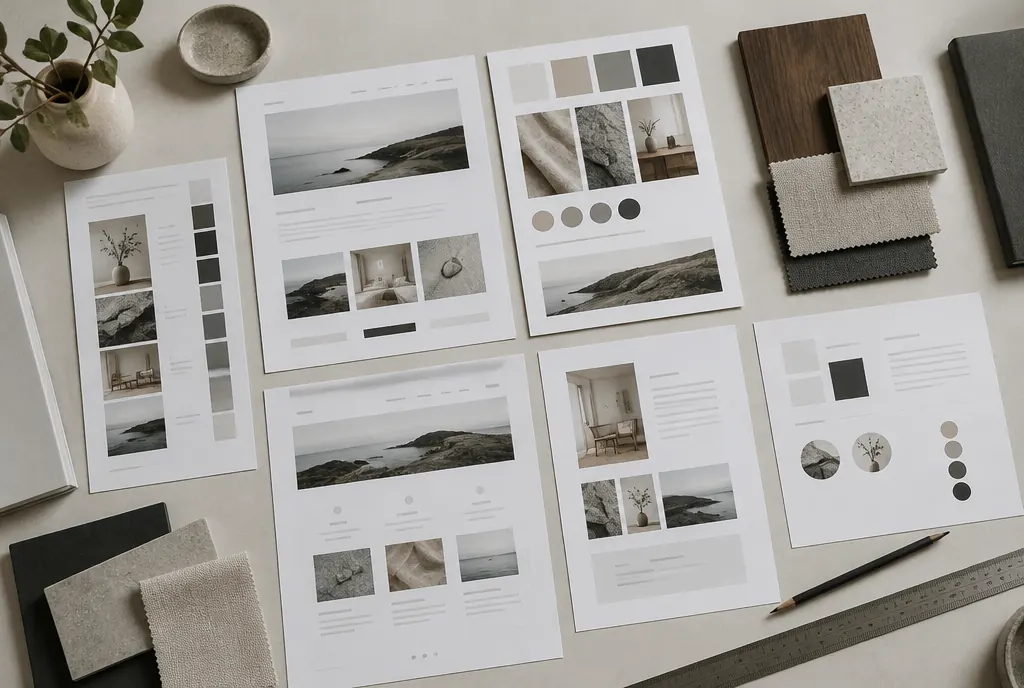 Printed layouts, presentation pages and material samples laid out on a desk mid-project